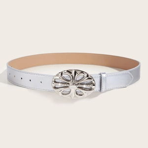 Women PU Leather Belt With Rhinestone Hollow Floral Alloy Buckle Vintage Retro Fashion Subculture Style