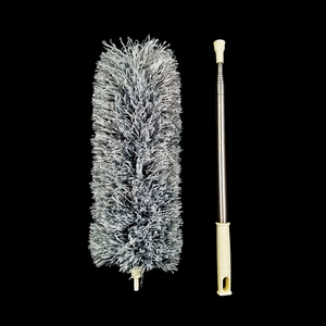 Gray microfiber feather duster with long extendable stainless steel pole for home cleaning