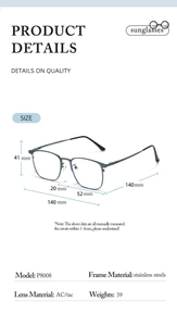 Detailed dimension guide for square stainless steel polarized sunglasses model P8008