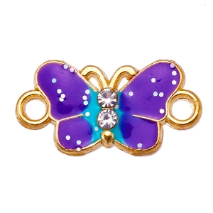 Détail du pendentif papillon émaillé violet et bleu avec placage or et strass