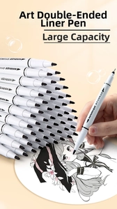 Detailed view of dual-tip art markers featuring soft brush and fine needle nibs for drawing