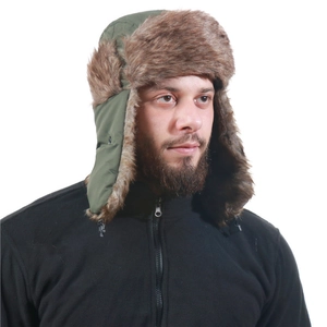 Waterproof military green trapper hat with warm faux fur lining and windproof ear flaps