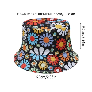 Detail view of floral sun hat with 58cm circumference and 6cm brim measurements
