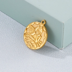 Vintage golden angel pendant with solid embossed cherub on circular stainless steel medal