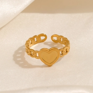 Gold heart ring with chain design and adjustable open band in polished stainless steel