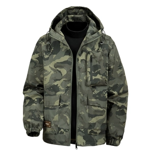 Men's camouflage hooded windbreaker jacket with waterproof fabric and multi-pocket design