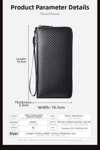 Detailed size chart for men's carbon fiber pattern wallet with precise dimensions