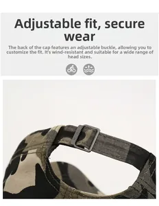 Detail of adjustable metal buckle on camouflage canvas cap with engraved logo