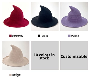 Knitted pointed witch hats shown in maroon black purple and beige colors
