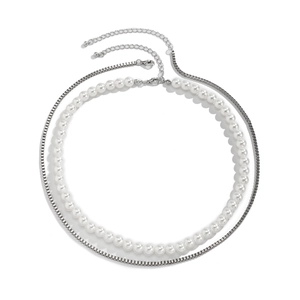 Double layer hip hop necklace with silver box chain and white pearls for men