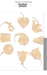 Detailed macro view of laser-cut rustic wooden ornaments in various festive shapes