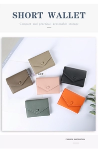 Litchi pattern leather envelope wallets shown in six colors with snap closure