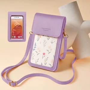 Lavender floral mini phone bag with touch-screen window and adjustable shoulder strap