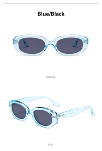 Dettaglio degli occhiali da sole ovali cat-eye con montatura blu e lenti scure da due angoli