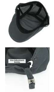 Detail of breathable mesh fabric and adjustable metal buckle on dark grey beret cap