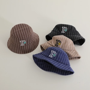 Toddler wool striped bucket hats in brown, black, khaki and blue with P embroidery