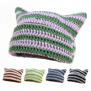 Handmade crochet devil cat ear beanie in multiple striped color options for winter