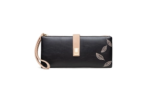 Detail of leaf embroidery and wrist strap on vintage black long wallet for women