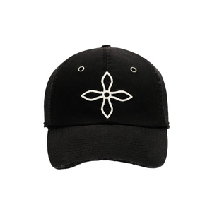 Distressed black cotton baseball cap with white embroidered cross logo on the front