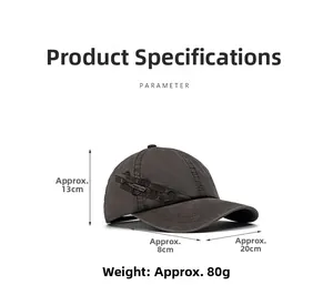 Detailed size chart for vintage dark grey washed baseball cap with 13cm height and 8cm brim