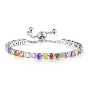 Adjustable silver tennis bracelet with multi-colored round cubic zirconia stones
