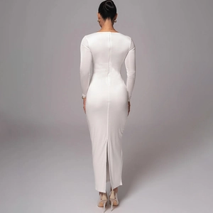 Elegantes weißes langärmliges Bodycon-Maxikleid mit Reißverschluss und hohem Schlitz
