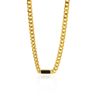 Detail of 18K gold-plated Cuban chain necklace featuring a black rectangular pendant inlay