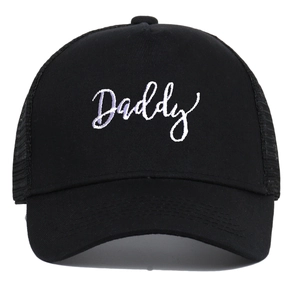 Black cotton mesh trucker hat with Daddy embroidery and breathable back panels