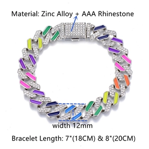Rainbow Cuban link bracelet 12mm width with AAA rhinestones and enamel coating
