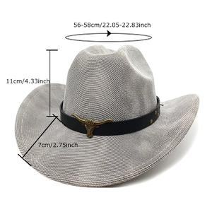 Gray cowboy hat with bull head metal buckle, western jazz style 56-58cm head size