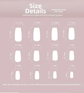 Size chart for 24pcs square French false nails showing 12 different dimensions for perfect fit