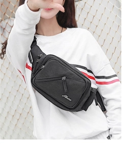 Close-up of black canvas chest bag worn by a model against a street-style background