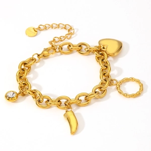 Gold stainless steel heart and crystal charm bracelet with polished mirror finish