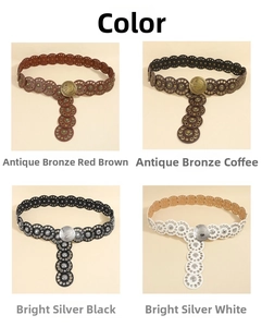 Detail of four retro style punk belts with metal disc links and vintage round buckles