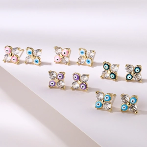 Exquisite gold-plated flower stud earrings with colorful evil eye zircon petals