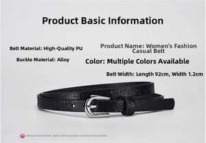 Detail of glittery black PU leather belt with silver alloy horseshoe buckle and dimensions