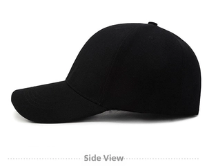 Side view of plain black baseball cap showing cotton twill fabric and breathable eyelets