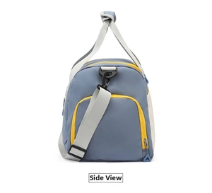 Detailed side view of large capacity travel duffel gym bag with sturdy strap and zip.