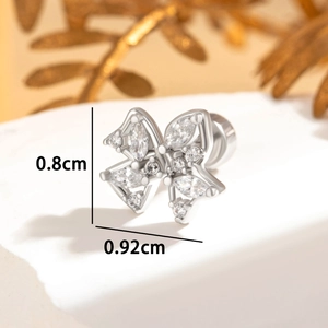 Silver bow stainless steel stud earring with zircons, 0.8cm by 0.92cm dimensions