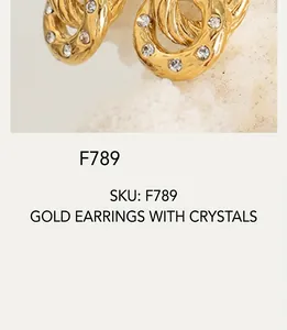 Detail of gold earrings with textured lava pattern and micro-set white rhinestones
