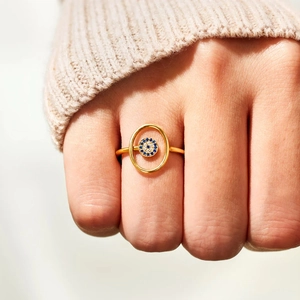 S925 sterling silver evil eye ring with gold finish and blue stones on finger