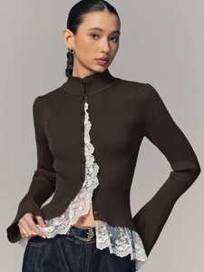Slim fit dark brown knit cardigan with white lace ruffle edges and flared long sleeves