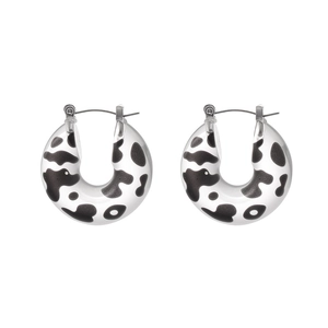 U-shaped leopard resin earrings with black and white patterns in stainless steel
