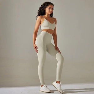 Close-up of seamless knitted yoga set with ribbed texture and breathable jacquard details