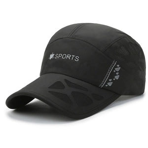 Quick-dry black mesh baseball cap with SPORTS logo for breathable outdoor activities