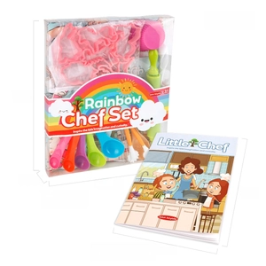Kids baking set with rainbow cutters, measuring spoons, and recipe cards for pretend play