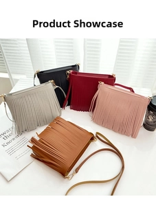 Close-up of bohemian tassel shoulder bags in five colors with golden hardware