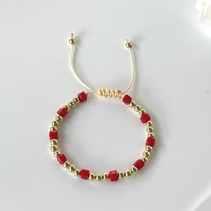 18k gold plated beaded bracelet with red square crystals and adjustable cord strap