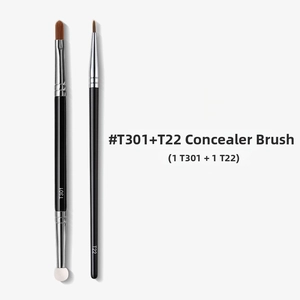 Detail of T301 double-ended sponge brush and T22 concealer brush with black handles