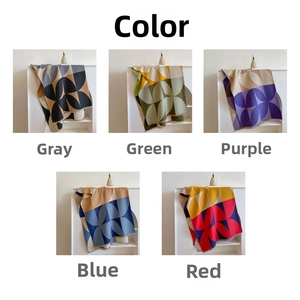 Detail view of five geometric floral knit patterns in grey, green, purple, blue, and red